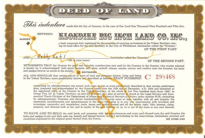Сертифікат Klondike Big Inch Land від лютого 1955 р