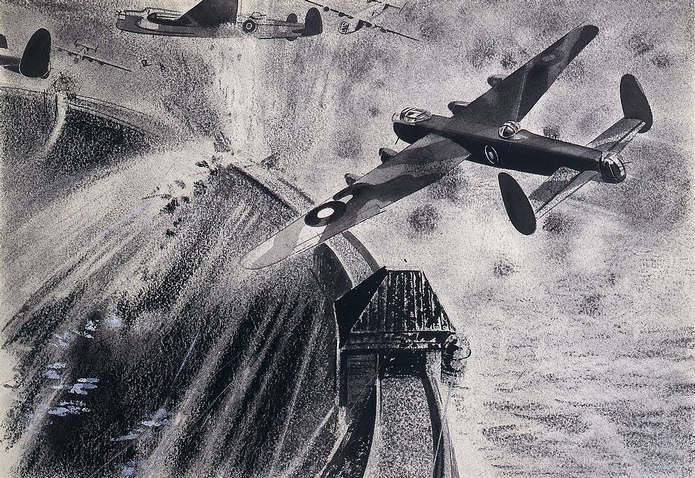Ілюстрація, що зображає бомбардувальники Lancaster, що атакують німецькі греблі