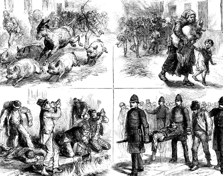 Чотири ілюстрації пожежі віскі в Дубліні 1875 року: вереск свиней, евакуація людей, люди п'ють віскі з землі, констеблі несуть п'яниць на ношах