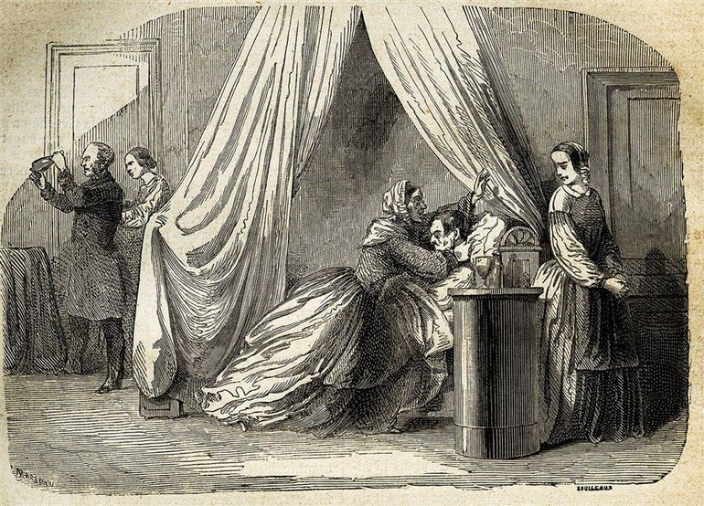Гравюра, на якій зображена мати Шарля, яка доглядає за вмираючим сином, а слуга перевіряє пляшку на наявність слідів злочину